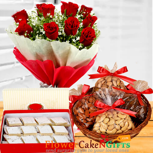 1kg dry fruits with1kg kaju barfi n roses bouquet