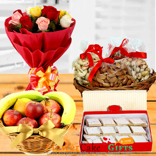 dry fruits n fresh fruits n kaju barfi n roses bouquet