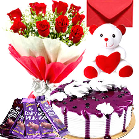  eggless 1kg blueberry fresh cream cake teddy bear chocolate red roses bouquet greeting card