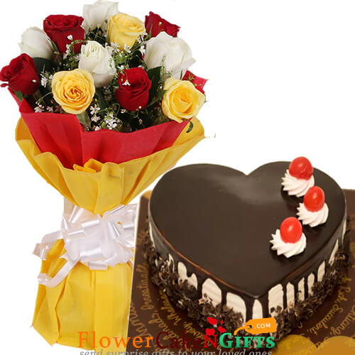 1kg eggless heart shaped choco vanilla cake n 10 mix roses bouquet