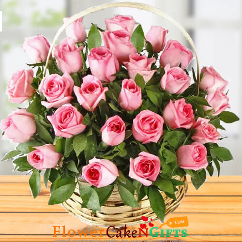 25 pink roses basket