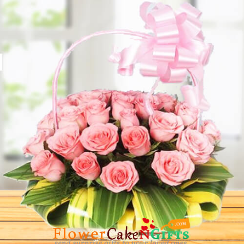 30 pink roses basket