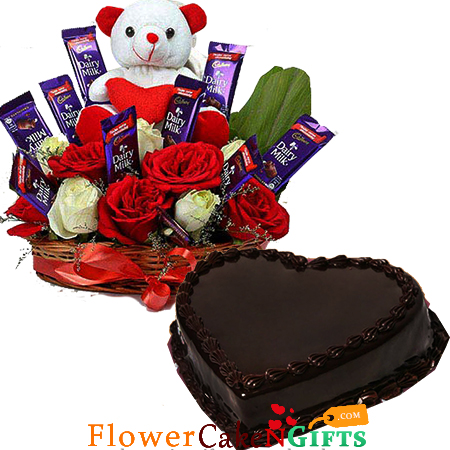 roses flower n teddy chocolate arrangement N half kg chocolate cake heart shape