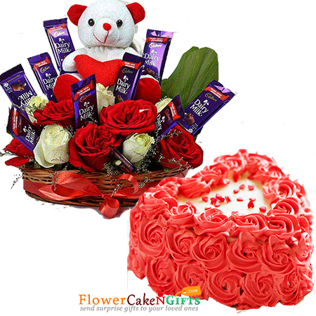 half kg heart shaped rose cake n special roses teddy chocolate arrangement