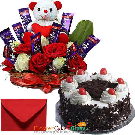 half kg eggless black forest cake n special roses teddy chocolate arrangement 