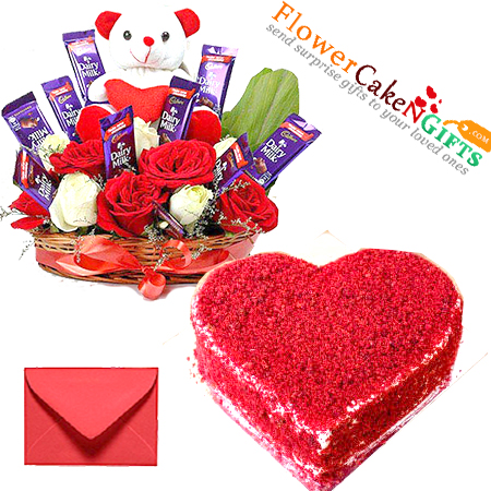half kg heart shaped red velvet cake n special roses teddy chocolate basket