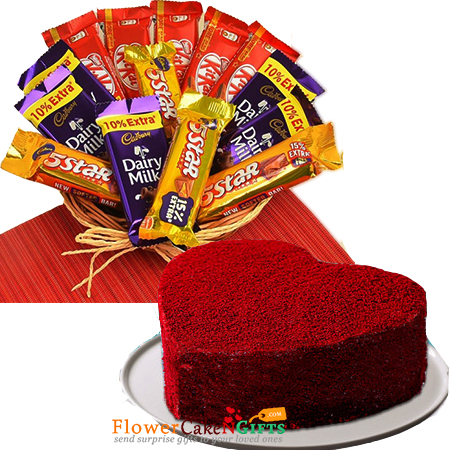 1kg eggless red velvet heart cake n chocolate basket