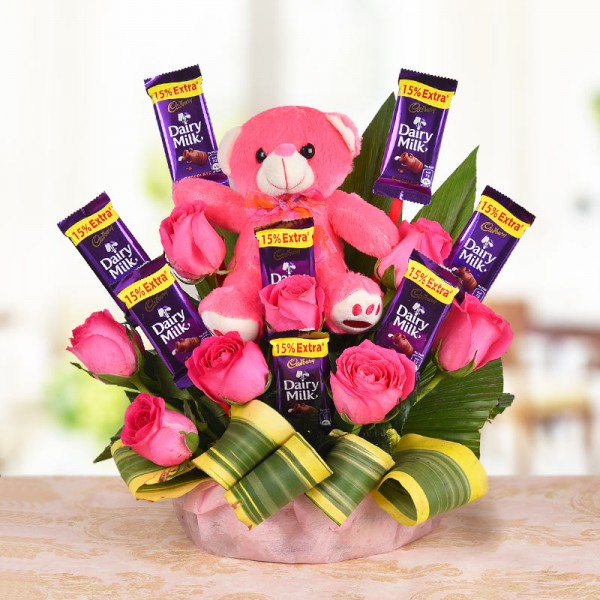 pink roses teddy chocolates bouquet