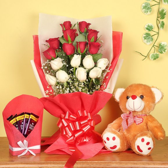 18 mixed roses brown teddy bear five dairy milk chocolates