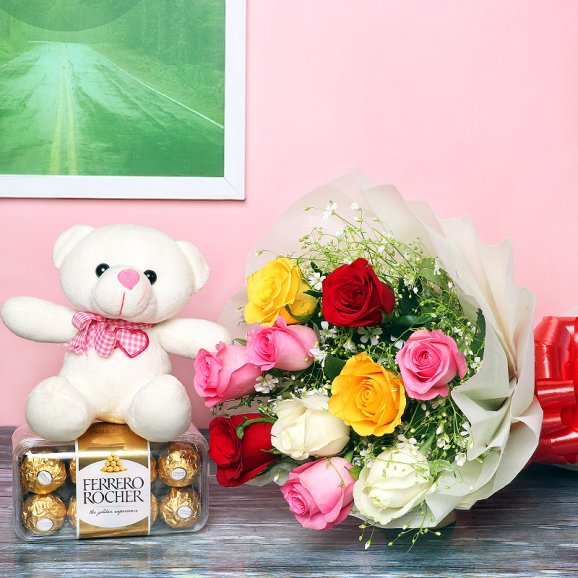 10 mixed colored roses teddy n box of 16 ferrero rocher chocolates