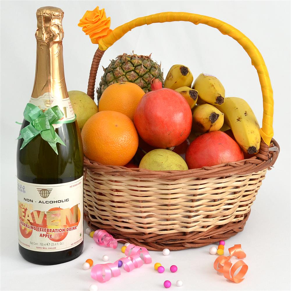enigmatic basket with fruit champagne