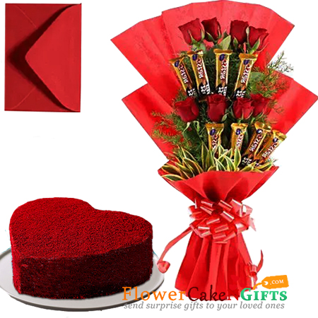 half kg red velvet cake heart shaped n roses five star chocolate bouquet