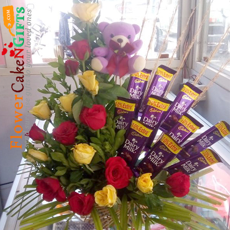 15 yellow red roses teddy n 10 chocolate bouquet