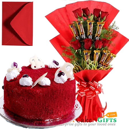 eggless half kg red velvet cake n roses five star chocolate bouquet