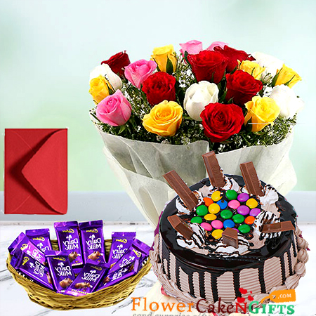 half kg gems kit kat chocolate cake 20 mix roses 10 cadbury dairy milk in a basket