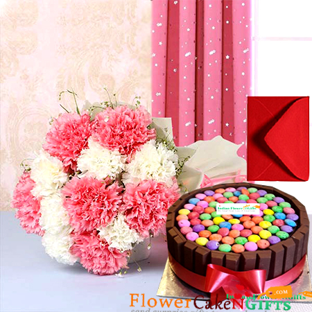 half kg eggless gems kit kat chocolate cake 10 carnations bouquet