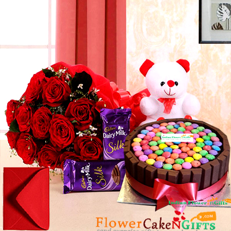 half kg kit kat games cake teddy bear dairy milk silks red roses bouquet