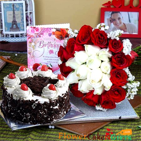 half kg eggless black forest cake along with 20 mix red and white roses greeting card