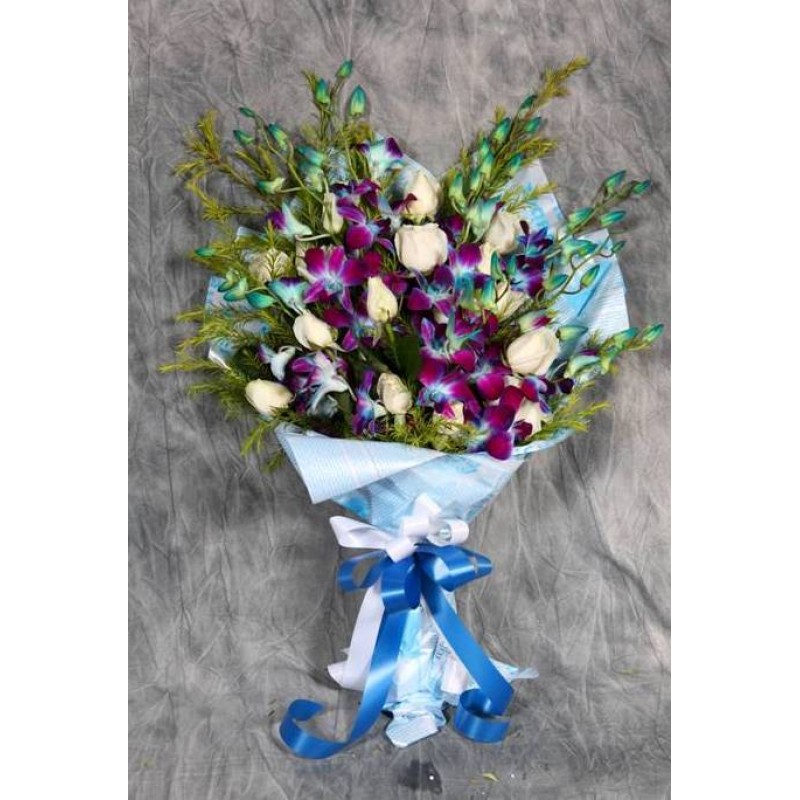 6 orchids with 10 white roses wrapped beautifully