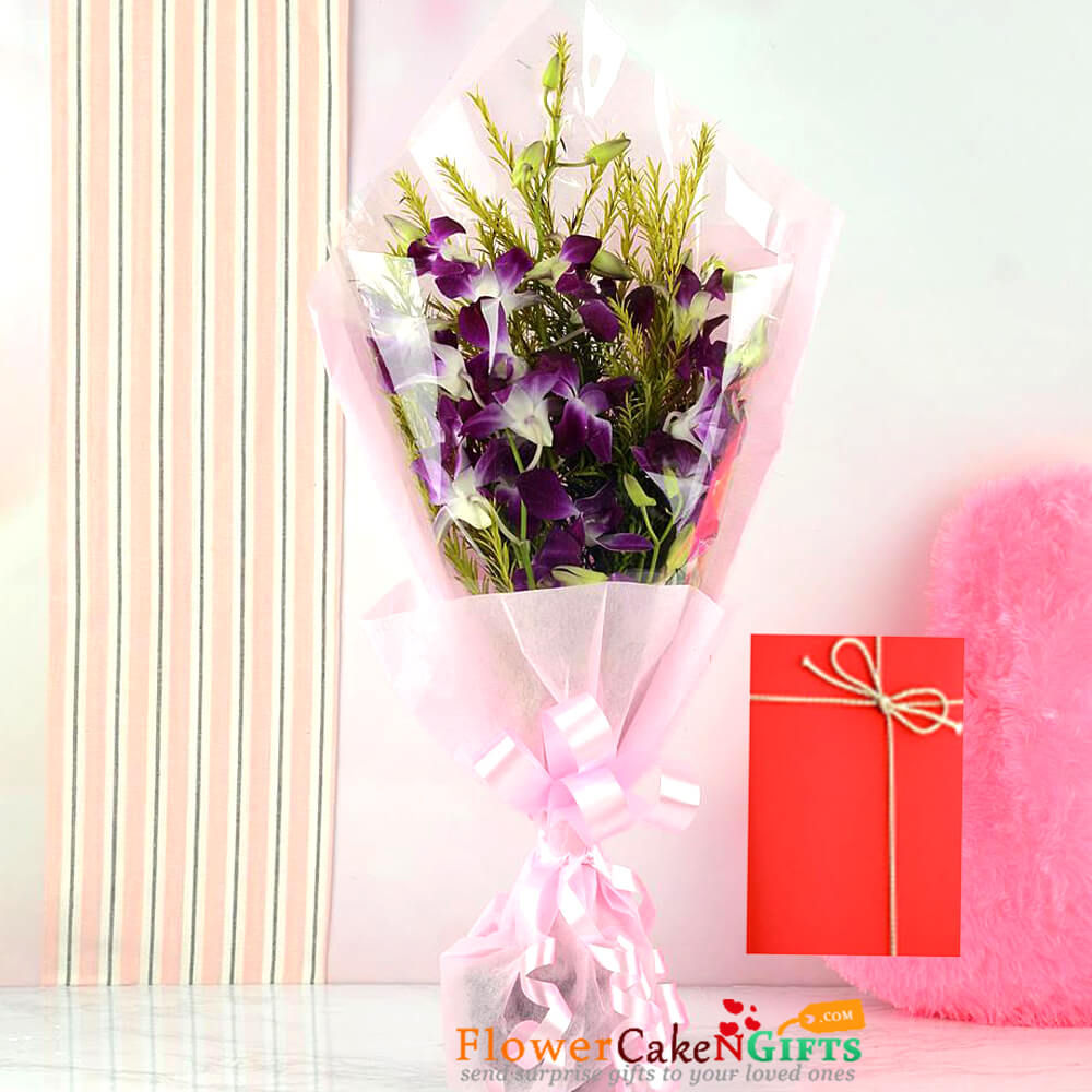 5 purple orchid bouquet and greeting card