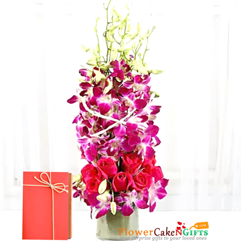 pink roses purple orchid in a vase
