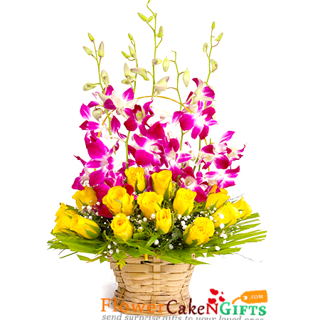 15 roses and 5 orchid flower basket