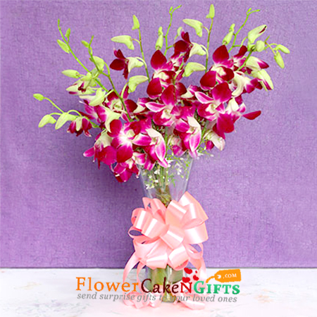 8 purple orchids bunch with glass vase