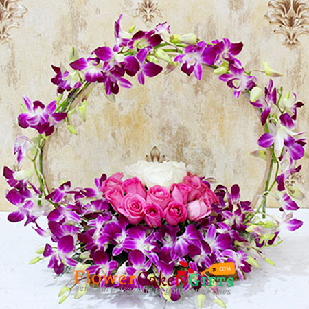designer purple orchids n roses basket