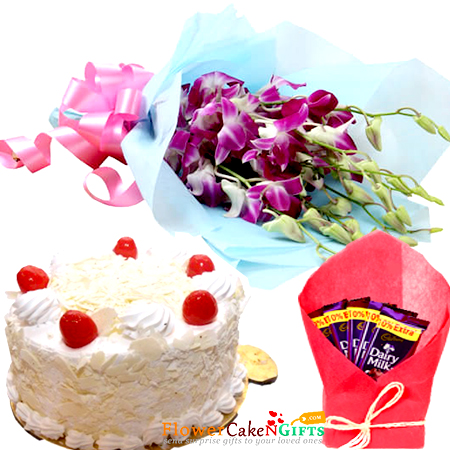 half kg white forest cake n dairy milk chocolate n orchid bouquet