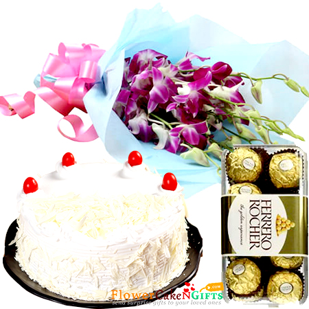 1kg white forest cake n ferrero rocher chocolates n orchid bouquet