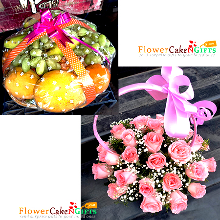 3 kg fresh fruit basket pink roses basket