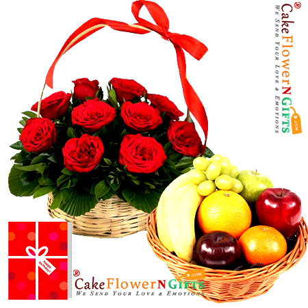 3kg fresh fruits basket 15 roses basket and greeting card