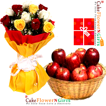 10 mix roses 3 kg apples basket and greeting card