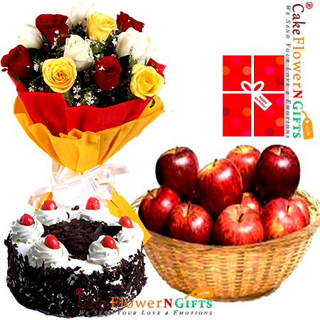 half kg black forest cake 3 kg fresh apple fruit basket roses bunch