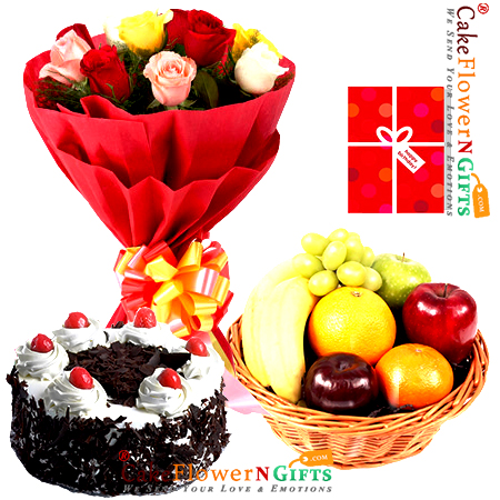 half kg choclate cake 3kg fresh basket 15 roses basket greeting card