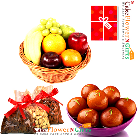 half kg mixed dry druits 3kg Fresh Fruits 1 kg gulab jamun