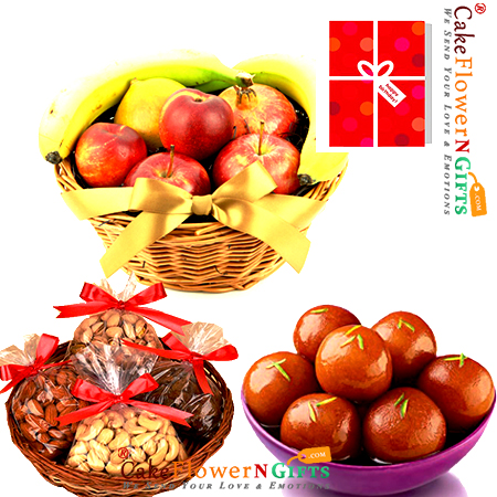 1kg mixed dry druits 3kg Fresh Fruits 1 kg gulab jamun