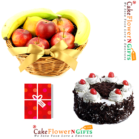 half kg black forest cake 2kg fresh fruit basket with greeting card