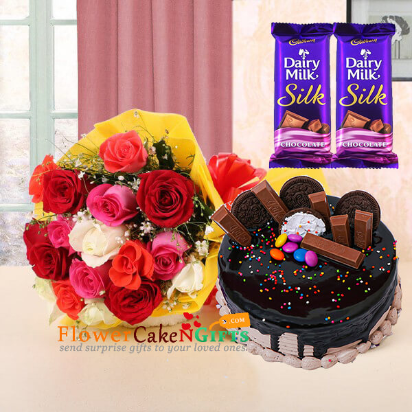 half kg choco oreo kit kat cake 15 mix roses 2 pcs dairy milk silk