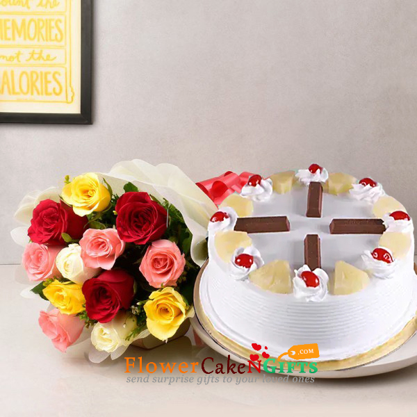 eggless half kg kit kat pineapple cake and 10 mix roses bouquet