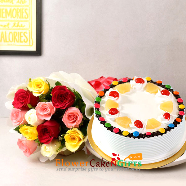 1kg pineapple gems cake and 10 mix roses bouquet