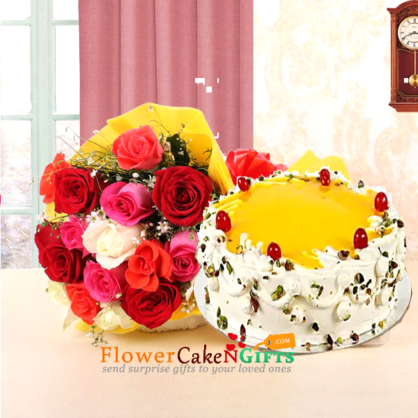 half kg pista pineapple cake and 10 mix roses bouquet
