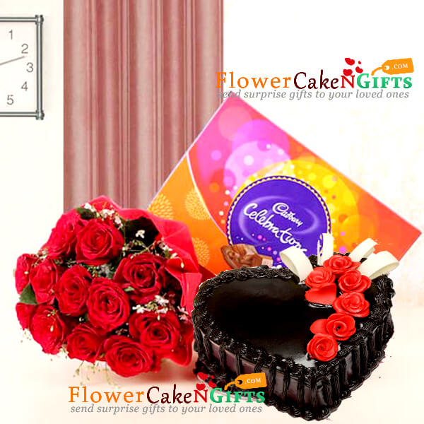 1kg eggless truffle cake 12 roses bouquet n celebrations chocolates