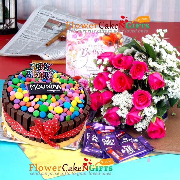 1kg eggless kitkat gems cake 12 pink roses bouquet chocolate card