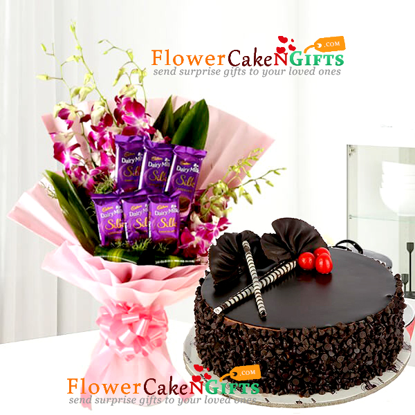 half kg choco chip cake n orchids silk chocolates bouquet