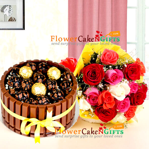 1kg kitkat ferrero rocher cake with 15 roses bouquet