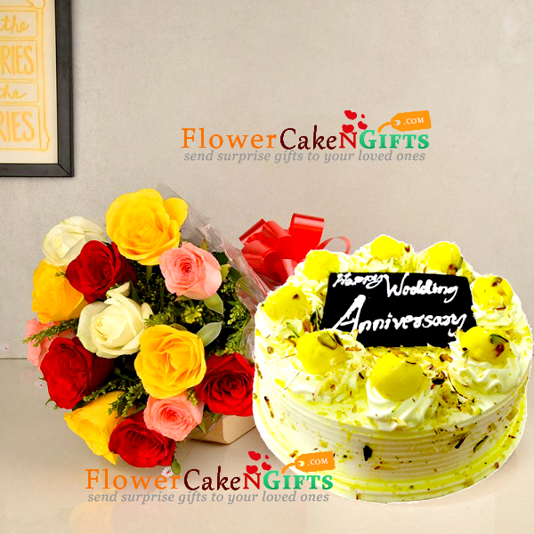 half kg eggless rasmalai cake and 10 roses bouquet