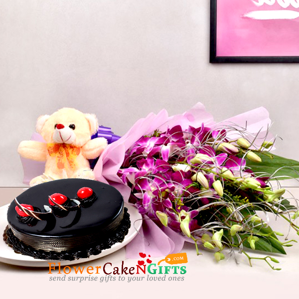 1kg chocolate cake teddy bear 6 purple orchids