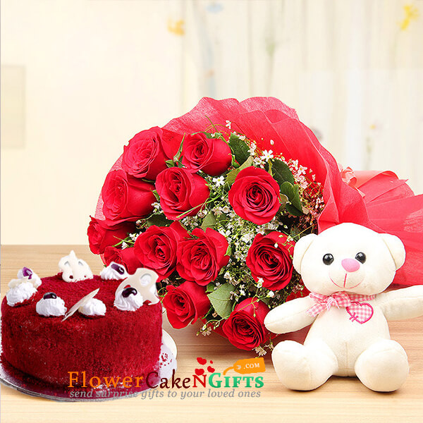 1kg red velvet cake teddy bear 12 red roses bouquet