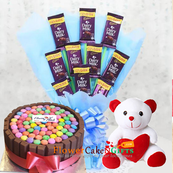half kg eggless kitkat gems cake n teddy chocolate bouquet